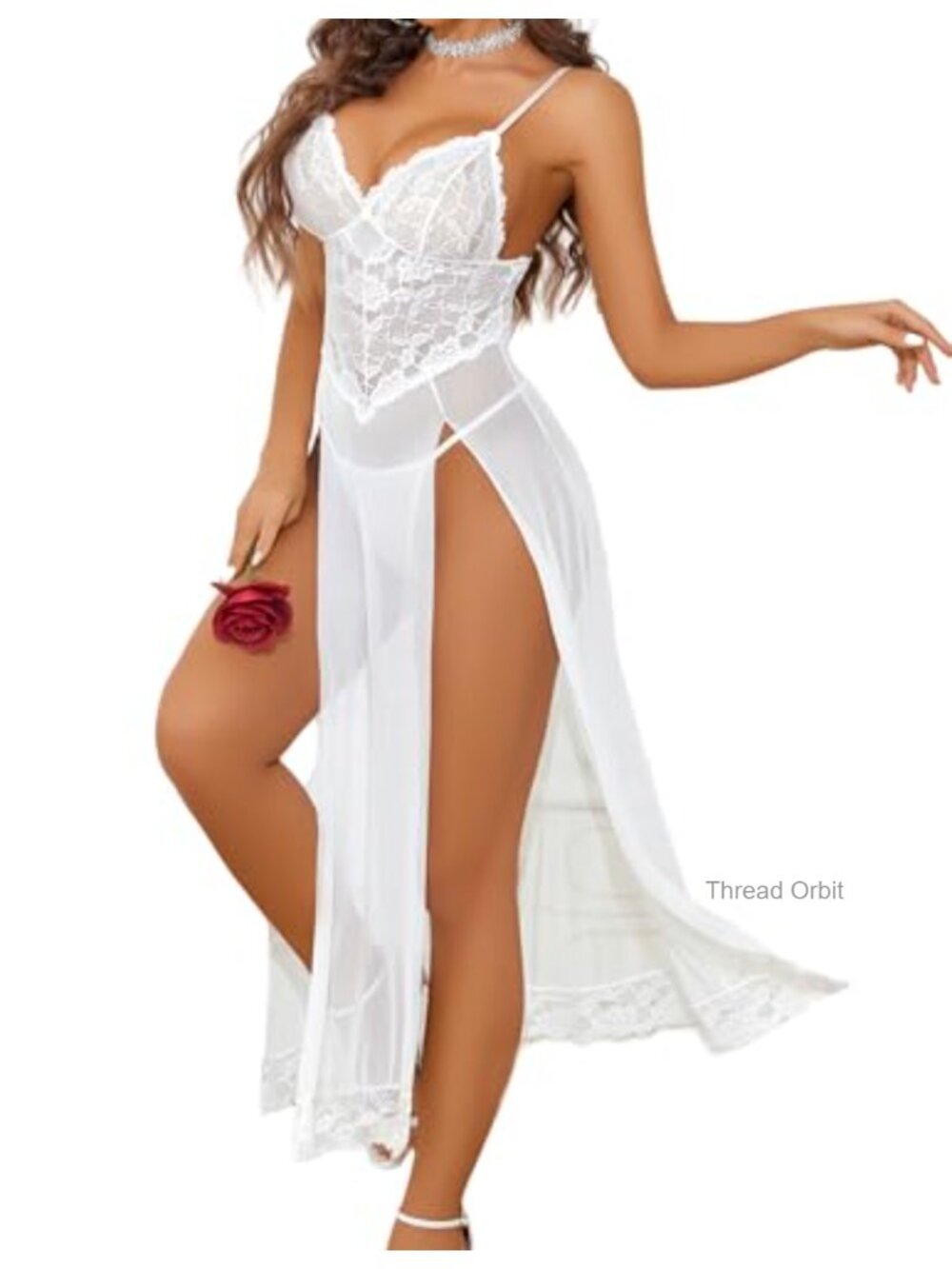 Lace Mesh High Slit Babydoll Lingerie G-String Set